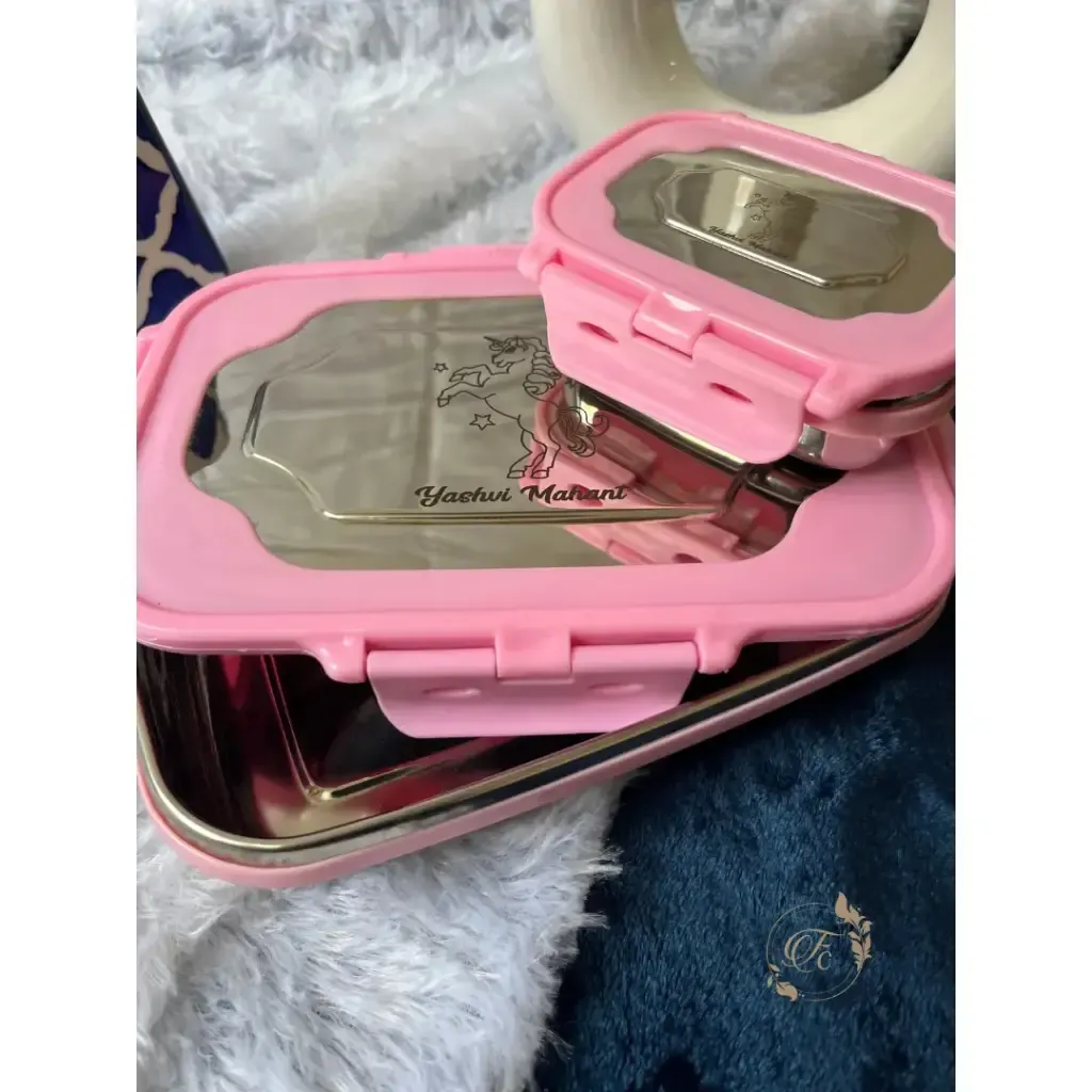 Personalized Steel Lunch Box – Kids Lunch Box – Dinner Set – Name & Design Lunch Box – Customized Dinner Set (Baby Pink).webp