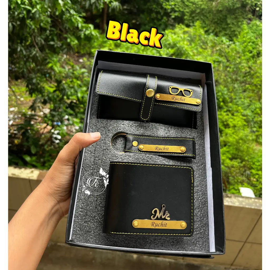 Custom 3in1 Executive Gift Set with Name – Wallet, Keychain, Sunglass Case (Black)