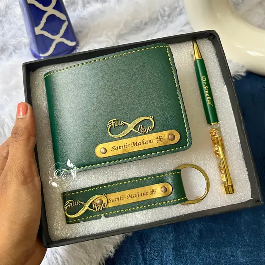 Personalised Leather Wallet +Sparkle Pen & keychain Combo