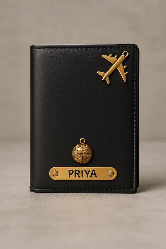 Personalized Leather Passport Cover – Custom Name & Travel Charms (Black)