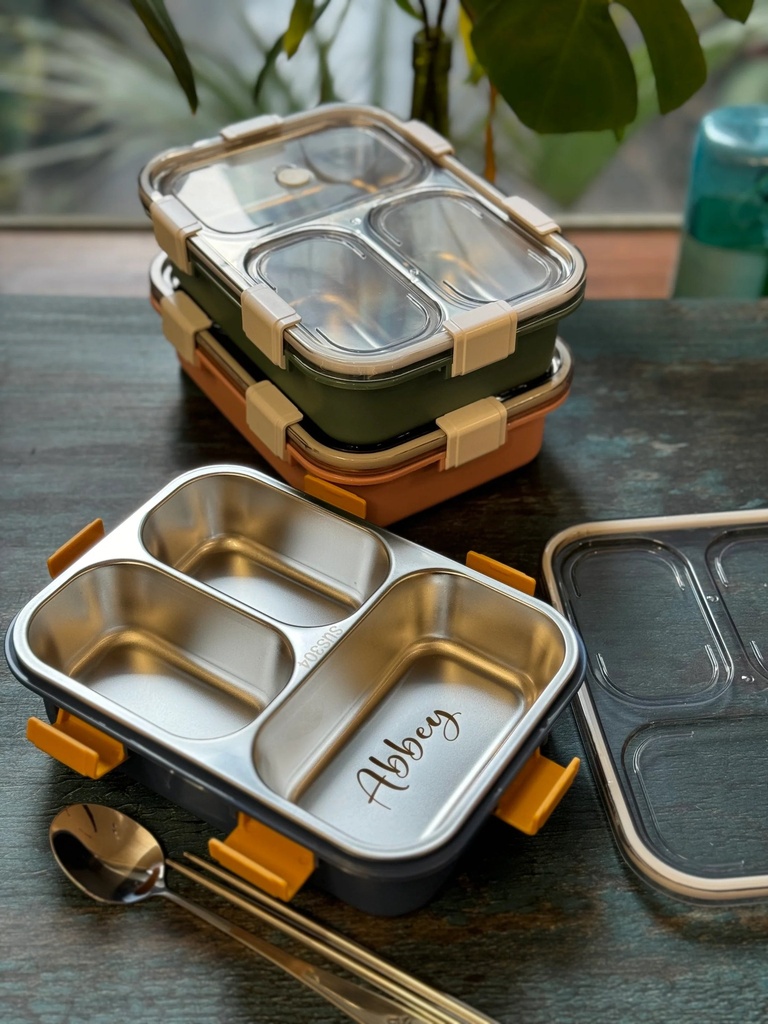 Personalized Stainless Steel Compartment Lunch Box with Name Engraving
