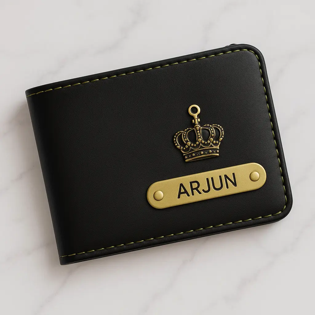 Personalized Leather Wallet for Men with Name & Charm (Black)