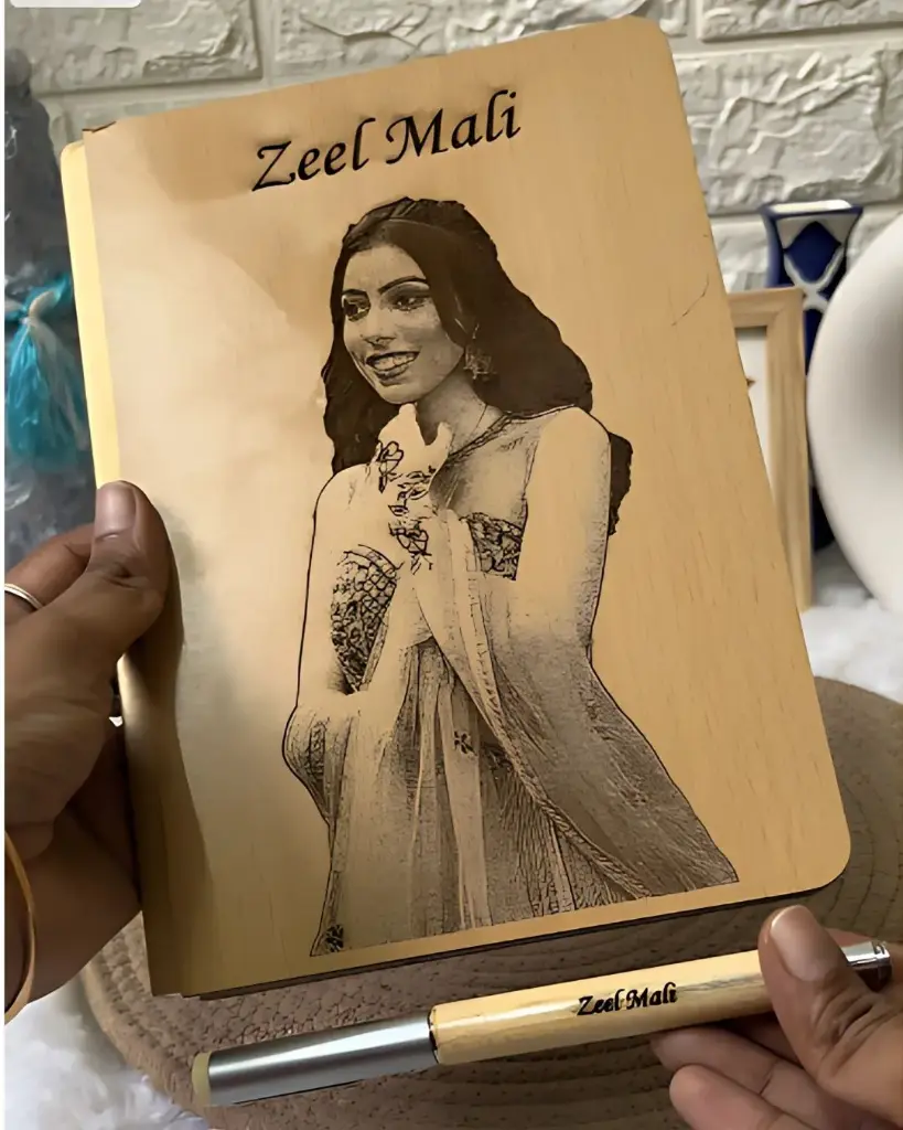 Photo Engraved Wooden Diary with Personalized Name Pen – Custom Gift Set