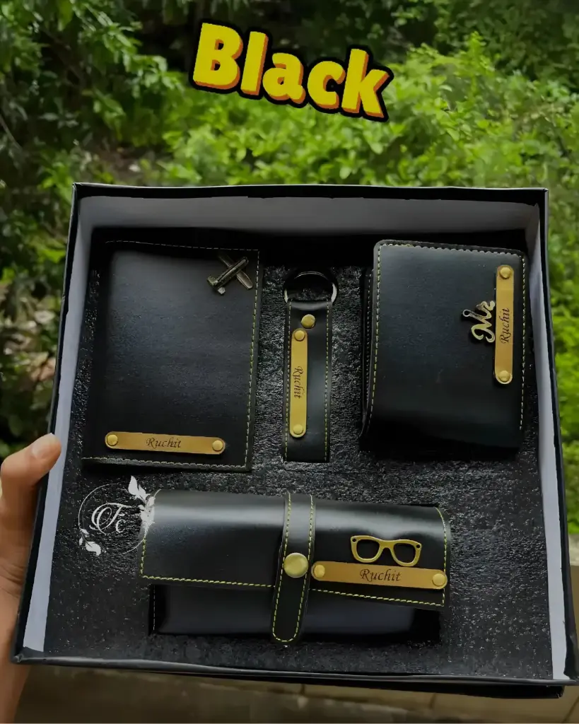 4-in-1 Executive Leather Gift Set for Men with Name – Wallet, Keychain, Passport Cover & Sunglass Holder (Black)