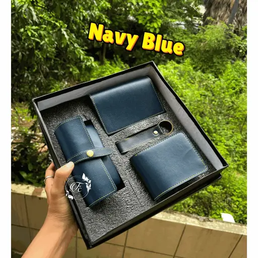 Image 14: 4-in-1 Executive Leather Gift Set for Men with Name – Wallet, Keychain, Passport Cover & Sunglass Holder (Blue)