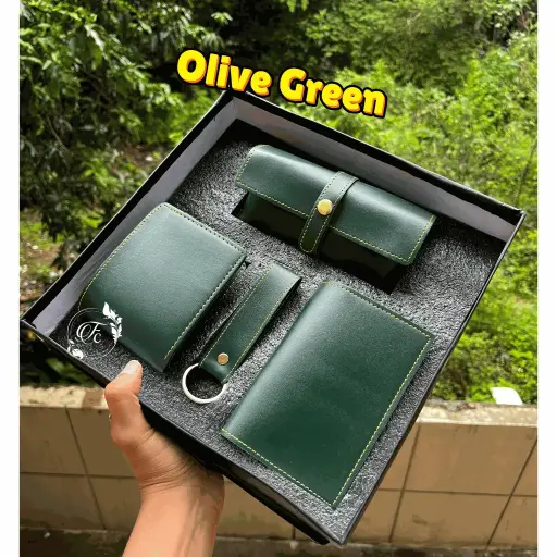 Image 15: 4-in-1 Executive Leather Gift Set for Men with Name – Wallet, Keychain, Passport Cover & Sunglass Holder (Olive Green)