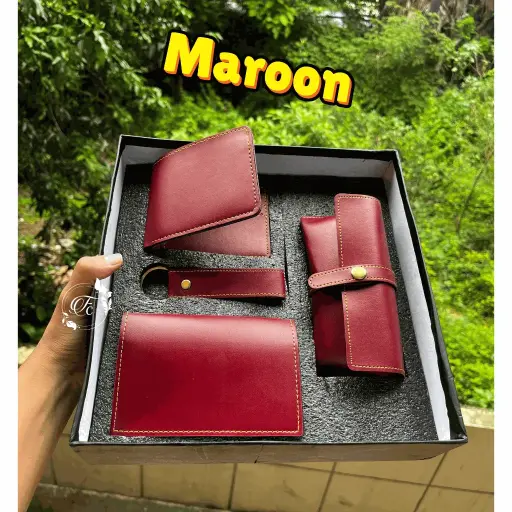 Image 16: 4-in-1 Executive Leather Gift Set for Men with Name – Wallet, Keychain, Passport Cover & Sunglass Holder (Maroon)