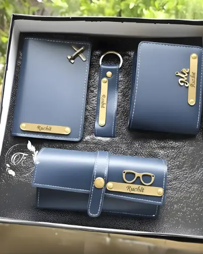 4-in-1 Executive Leather Gift Set for Men with Name – Wallet, Keychain, Passport Cover & Sunglass Holder