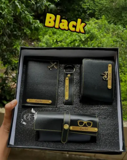 4-in-1 Executive Leather Gift Set for Men with Name – Wallet, Keychain, Passport Cover & Sunglass Holder