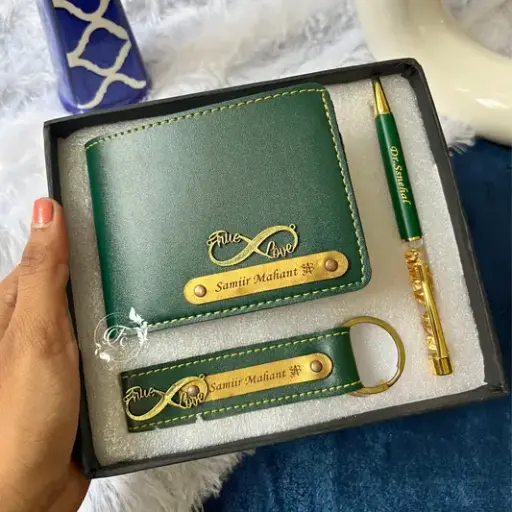 Personalised Leather Wallet +Sparkle Pen & keychain Combo